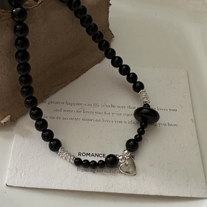 Vintage 925 Sterling Silver Black Agate Beaded Necklace For Women Minimalist Heart Pendant Clavicle Chain Jewelry Gift