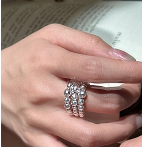 Detailed view of S925 sterling silver multilayer beaded ring with faceted cut beads