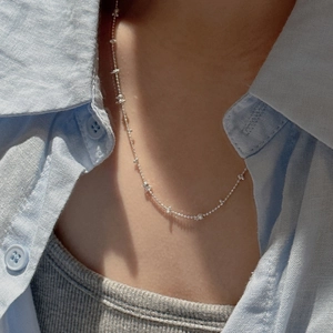 Minimalist S925 sterling silver beaded necklace with textured irregular silver accents