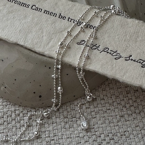 Elegant S925 sterling silver beaded necklace with tiny crosses and zircon pendant
