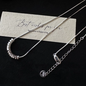 Minimalist S925 Sterling Silver Cylindrical Bead Pendant Necklace For Women Snake Chain Hammered Texture Adjustable Jewelry