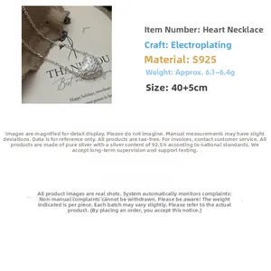 Macro detail of S925 silver heart necklace showing retro texture and 40+5cm chain size
