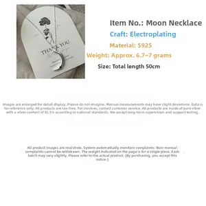 Detailed specs for a S925 sterling silver moon pendant with retro matte finish and zircon