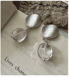 Close-up of S925 silver matte oval earrings with transparent hanging glass beads