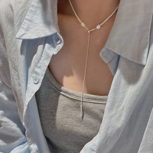 Minimalist S925 sterling silver Y-shaped tassel necklace with sleek cube pendant detail