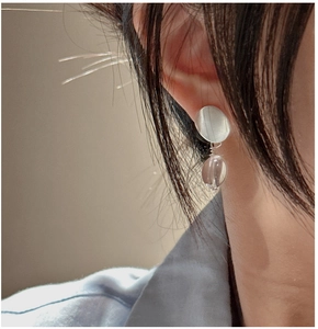 Detail of S925 silver earrings with matte texture and clear bead pendant on model ear