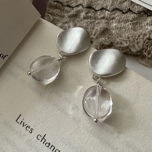 Matte S925 silver irregular drop earrings with clear round beads on vintage book pages