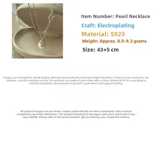 Detail of S925 sterling silver double-layer pearl necklace with knot charm and dimensions