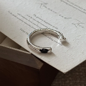 Bague Ouverte en Argent Sterling 925 Vintage Femme Texture Martelée Ajustable Zirconia Noir Bijoux Coréens