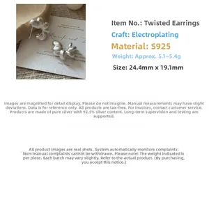 Detail view showing 925 silver twisted earrings weighing 5.4g with size 24.4mm by 19.1mm