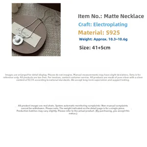 Detail of matte S925 sterling silver necklace showing dimensions 41+5cm and 10.5g weight