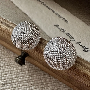 Vintage 925 Sterling Silver Dome Stud Earrings For Women Minimalist Grid Texture Bead Mesh Geometric Earrings Jewelry Gift
