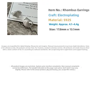 Detailed size chart for rhombic S925 sterling silver hoop earrings with dimensions and weight