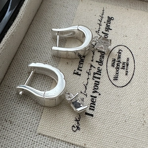 Minimalist S925 sterling silver U-shaped hoop earrings with sparkling square zircon charms