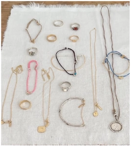Detailed flat lay of a vintage S925 silver jewelry set with rings, necklaces and bracelets