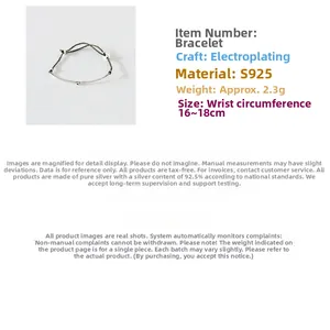 Detailed specs for S925 silver bracelet featuring red zircon and adjustable cord
