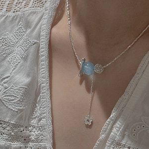 Collier Pendentif Fleur en Argent Sterling 925 Aigue-marine Artificielle Design Coréen Ras du Cou Fermoir Toggle Bijoux de Niche Femme