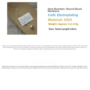 Detail view of S925 sterling silver beaded necklace with 64cm length and polished finish