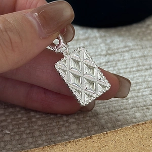 S925 Sterling Silver Quilted Lattice Pendant Necklace For Women Minimalist Vintage Geometric Rectangle Chain Necklace Jewelry Gift