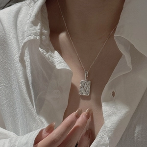 Minimalist S925 sterling silver necklace with a quilted rectangular pendant for women