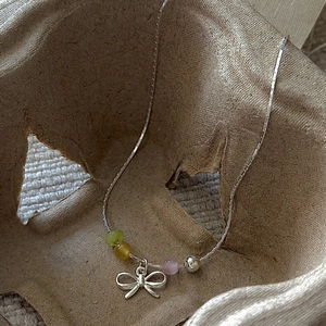 925 Sterling Silver Bowknot Necklace For Women Korean Style Colored Glass Beads Minimalist Clavicle Chain Jewelry Gift