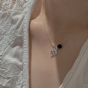 Vintage S925 silver heart necklace with black onyx bead on a delicate chain for women