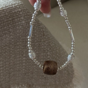 S925 Sterling Silver Beaded Bracelet With Natural Wood Bead Heart Pendant Vintage Minimalist Korean INS Style Jewelry For Women