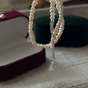 S925 Sterling Silver French Vintage Double Layer Artificial Pearl Necklace For Women Bell Pendant Clavicle Chain Jewelry
