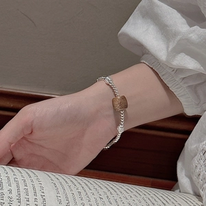 Minimalist S925 sterling silver beaded bracelet with square vintage wooden charm for women