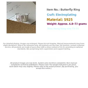 Détails de bague papillon en argent S925 montrant le poids 6,8-7,1g et fini mat