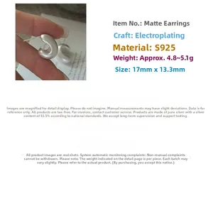 Detailed view of matte S925 sterling silver C-shaped hoop earrings with dimensions