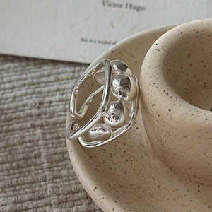 S925 sterling silver beaded double-layer open ring in a minimalist irregular design