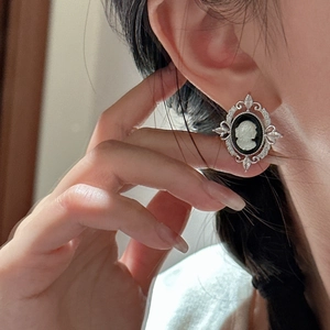 Vintage S925 sterling silver cameo earrings with relief portrait and sparkling rhinestones