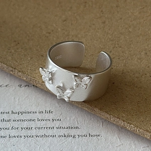 Bague Ouverte Papillon en Argent Sterling 925 Vintage pour Femme Style Coréen Mat Brossé Large Bande Ajustable Bijoux