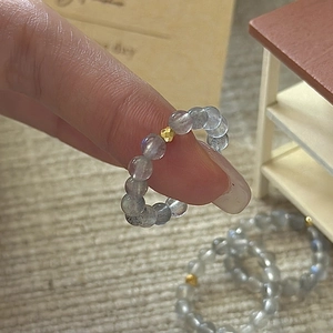 Minimalist S925 sterling silver beaded ring with grey moonstone and gold accent bead