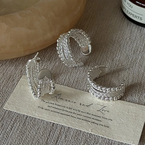Three-piece S925 sterling silver beaded retro hoop earrings with textured woven design