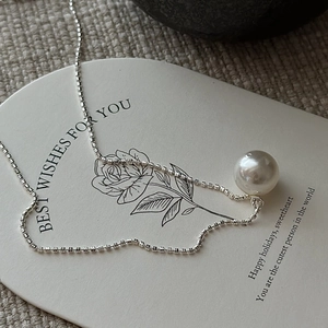 Elegant S925 sterling silver necklace with large round shell pearl on round bead chain
