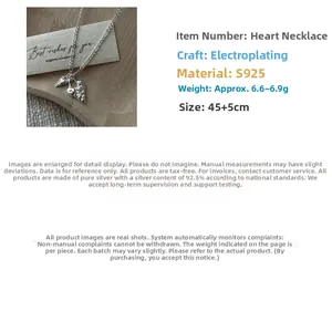 Close-up of S925 sterling silver heart necklace showing 45+5cm length and texture