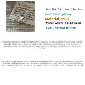 Detail view of S925 sterling silver heart pendant with 17.5mm x 16.7mm dimensions