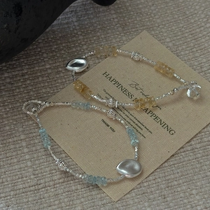 Vintage 925 Sterling Silver Beaded Bracelet For Women Minimalist Irregular Natural Stone Aquamarine Citrine Style Hand Jewelry