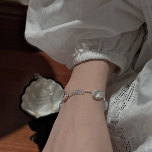 S925 sterling silver beaded bracelet with light blue crystals and irregular silver flakes