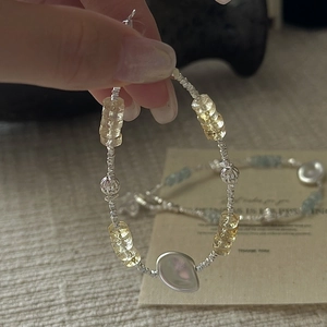S925 sterling silver beaded bracelet with citrine and aquamarine in retro design