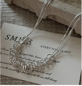Macro detail of multi-layered silver necklace with overlapping rings on a display card