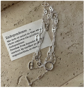 Macro detail of silver S925 necklace with pig nose links and a vintage toggle clasp
