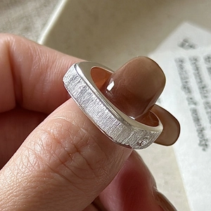 Korean Style S925 Sterling Silver Adjustable Open Ring For Women Minimalist Brushed Texture Rhinestone Finger Ring Jewelry
