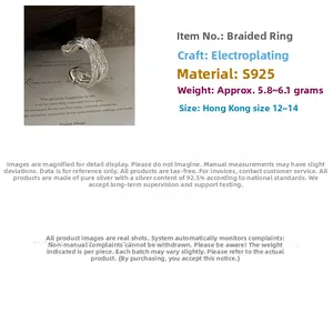 Detail of S925 sterling silver woven ring with plated finish and technical parameters