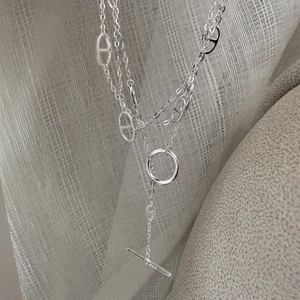 Elegant S925 sterling silver multi-layer necklace with pig nose links and T-bar closure