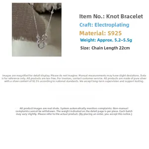 Macro shot of S925 sterling silver knot bracelet showing 22cm length and 5.2g weight