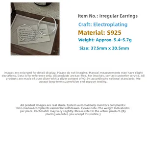 Detailed specs of S925 sterling silver irregular earrings, 37.5x30.5mm size and 5.5g weight