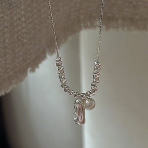 S925 silver necklace featuring irregular silver beads, white pearl, and liquid metal pendant